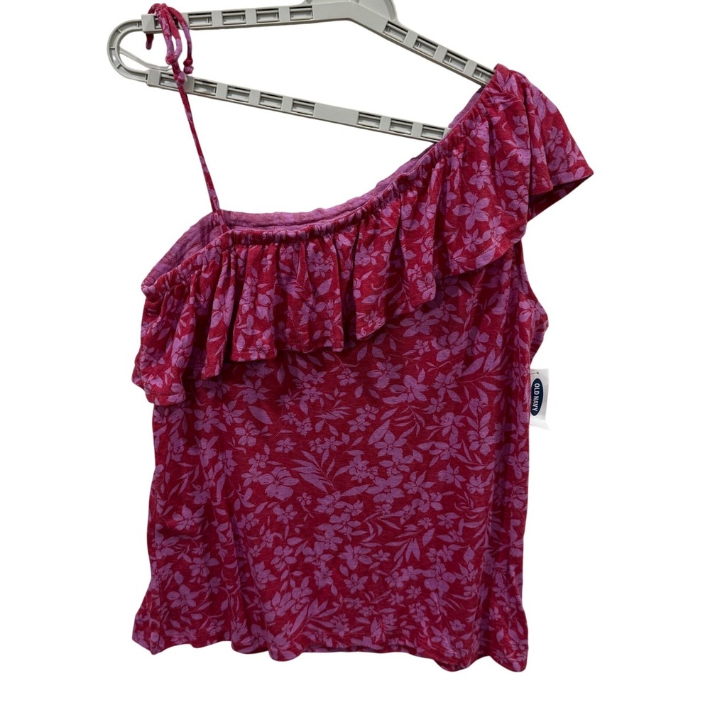 Old Navy Womens Pink Floral One Shoulder Ruffle Linen‎ Blend Top Medium